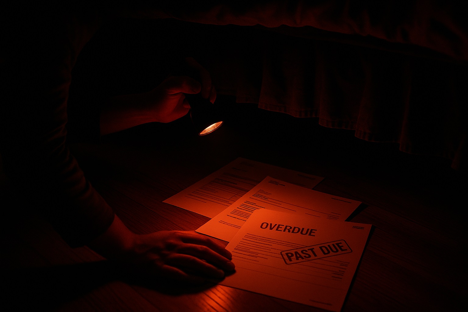 Someone shining a flashlight on their overdue bills
